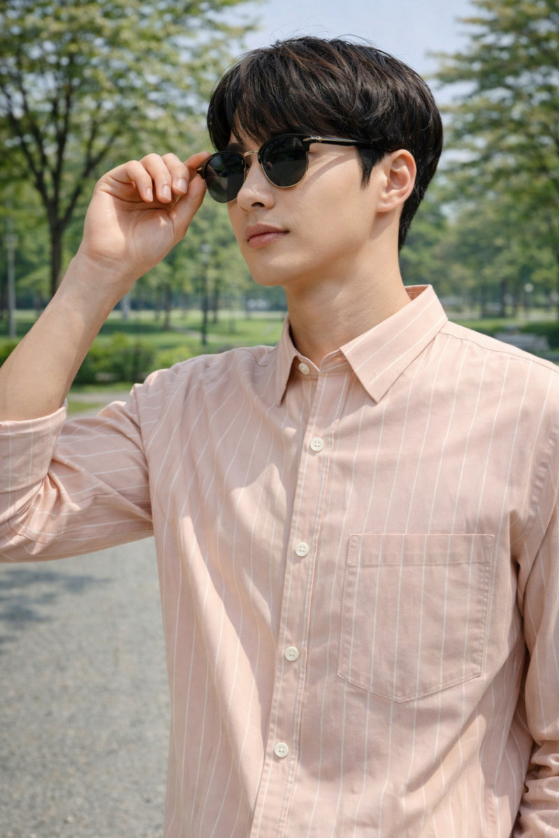 Mens Light Pink Striped Slim Fit Casual Shirt 2