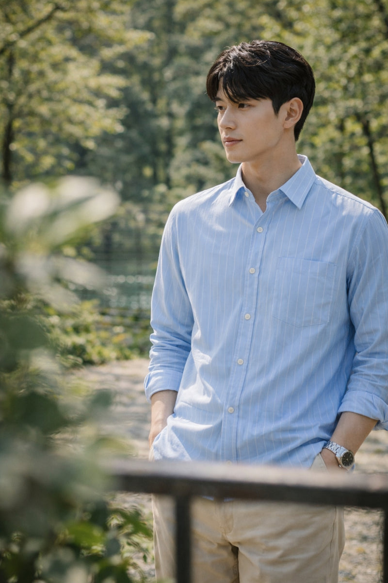 Mens Light Blue Striped Slim Fit Casual Shirt 1