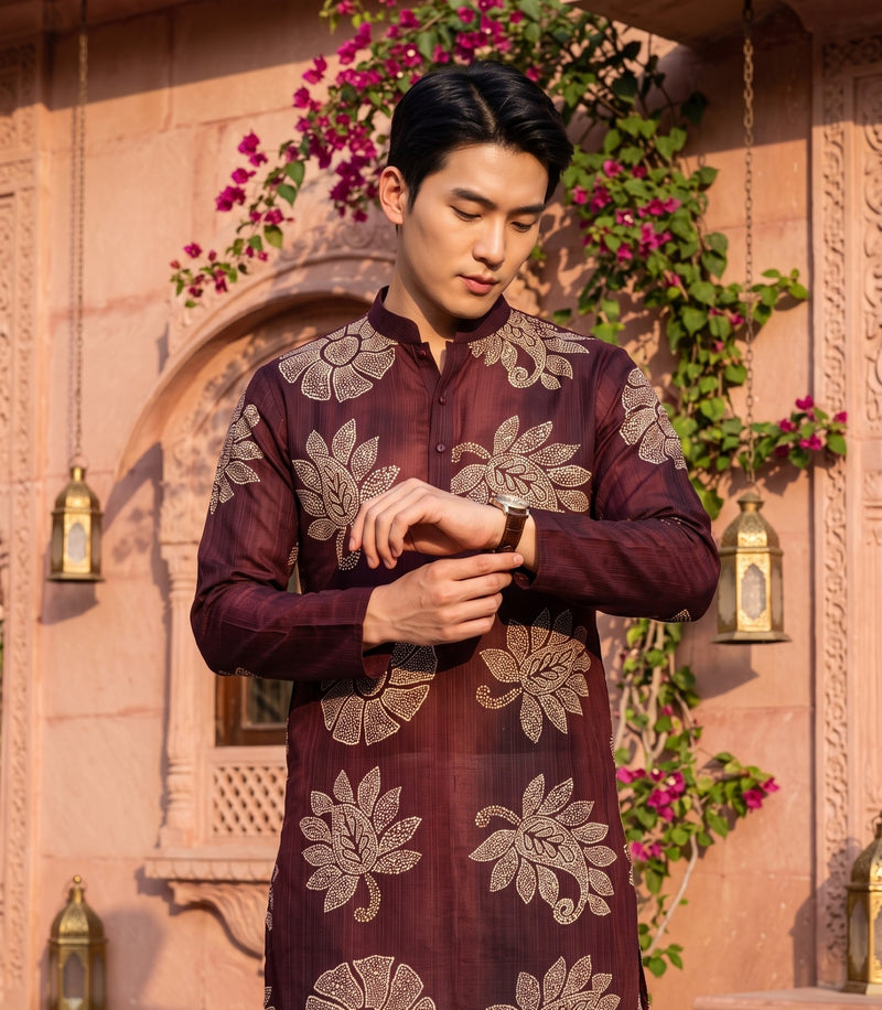 Men's Wine Maroon Beige Botanical Print Viscose Rayon Blend Kurta 1