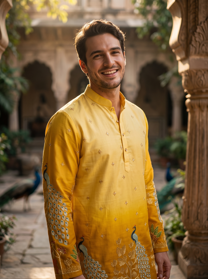 Men's Festive Yellow Ombre Art Silk Kurta with Peacock & Forest Embroidery 1