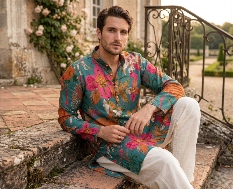 Men Teal Green Floral Printed Kurta 1