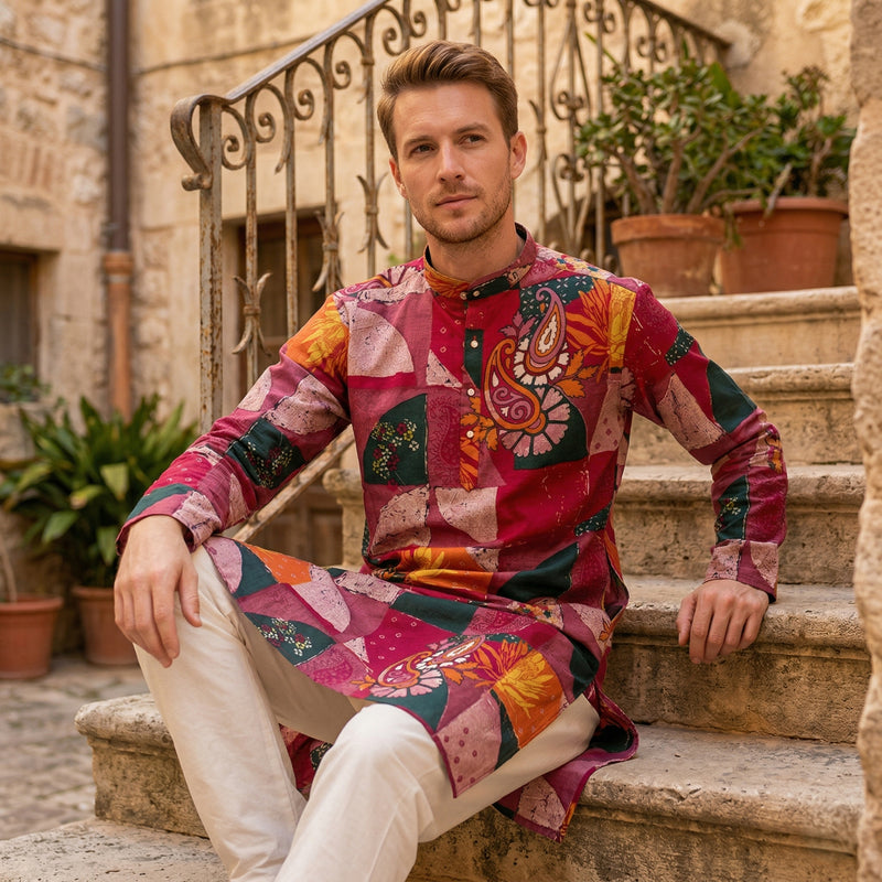 Men’s Maroon Patchwork Printed Kurta 1