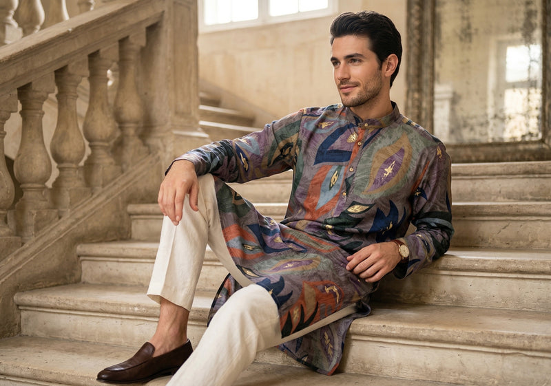 Men’s Grey Abstract Leaf Printed Kurta 1