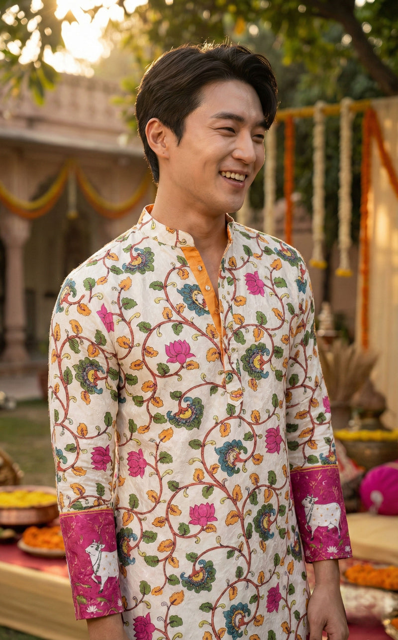Men’s Off-White Floral Border Printed Kurta 7