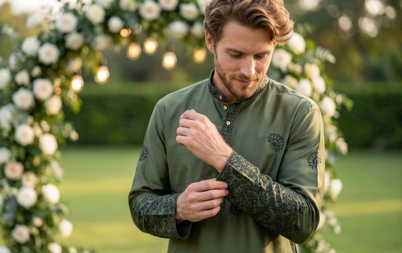 Men Olive Green Embroidered Ethnic Kurta 8