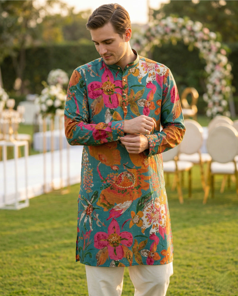 Men Teal Green Floral Printed Kurta 6