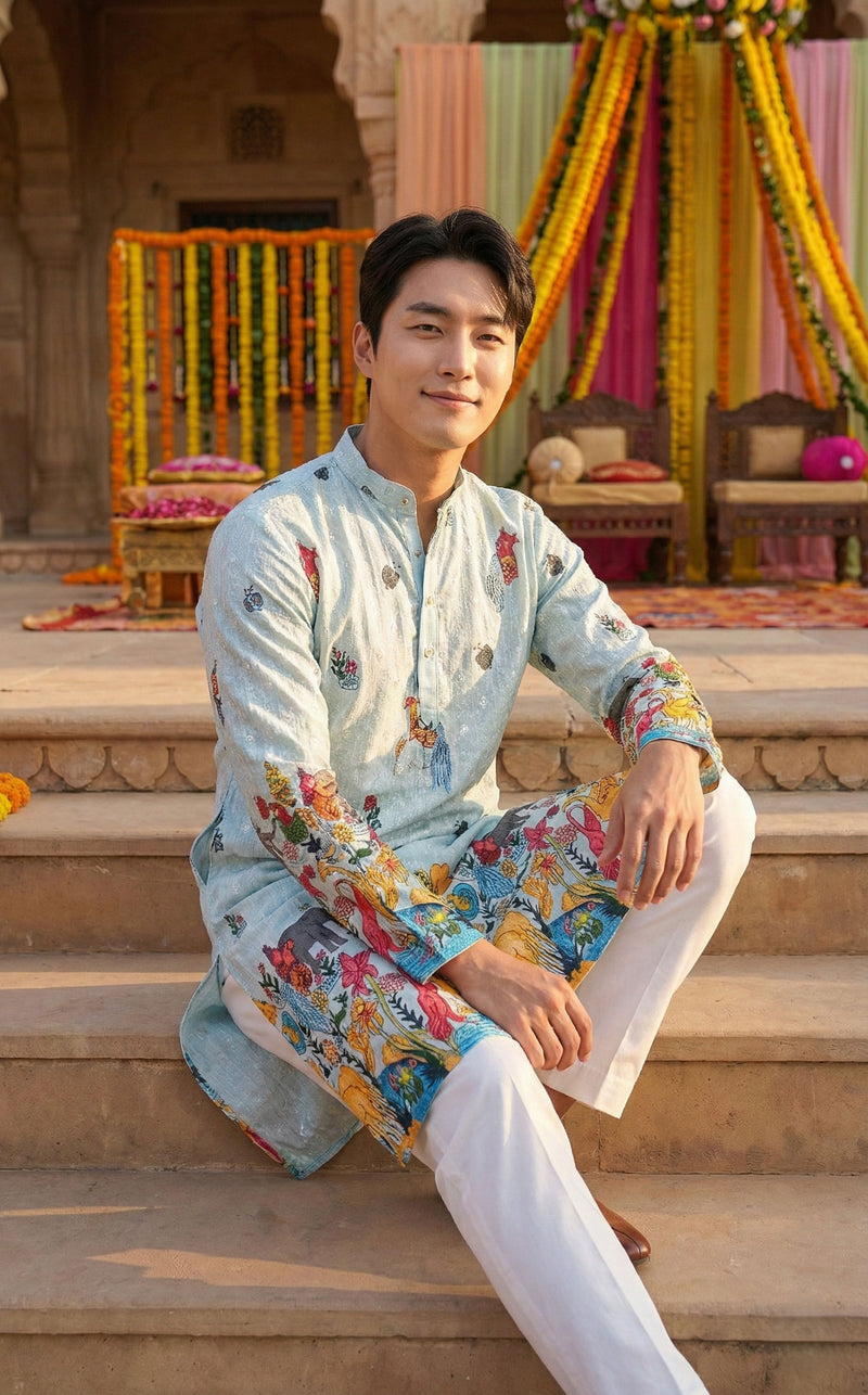 Men’s Pastel Blue Animal & Floral Printed Kurta 4