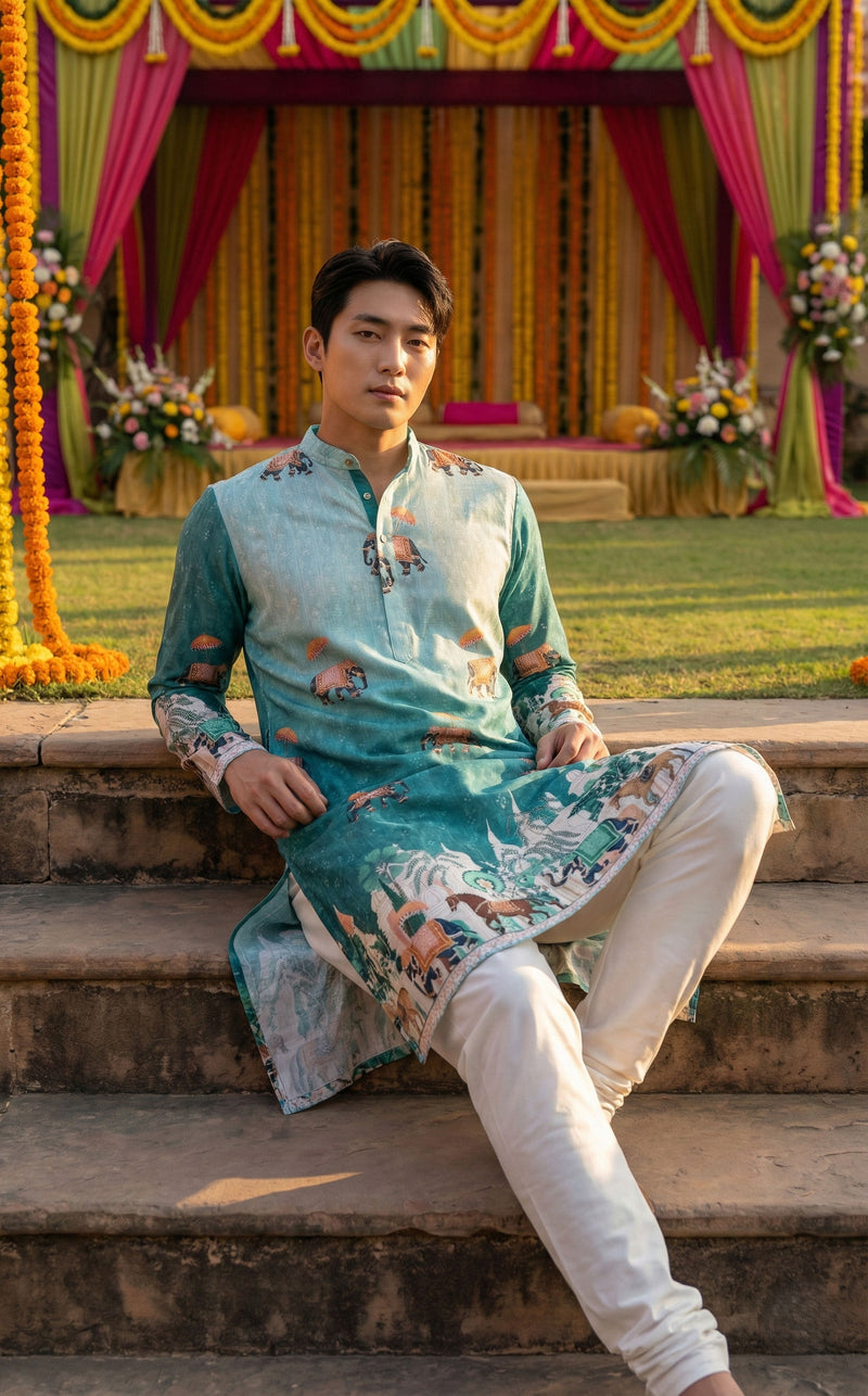 Men’s Blue Elephant Motif Printed Kurta 1
