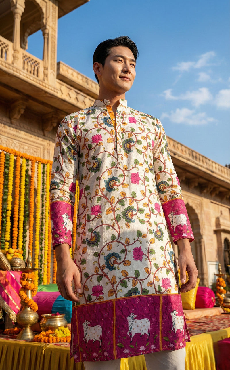 Men’s Off-White Floral Border Printed Kurta 5