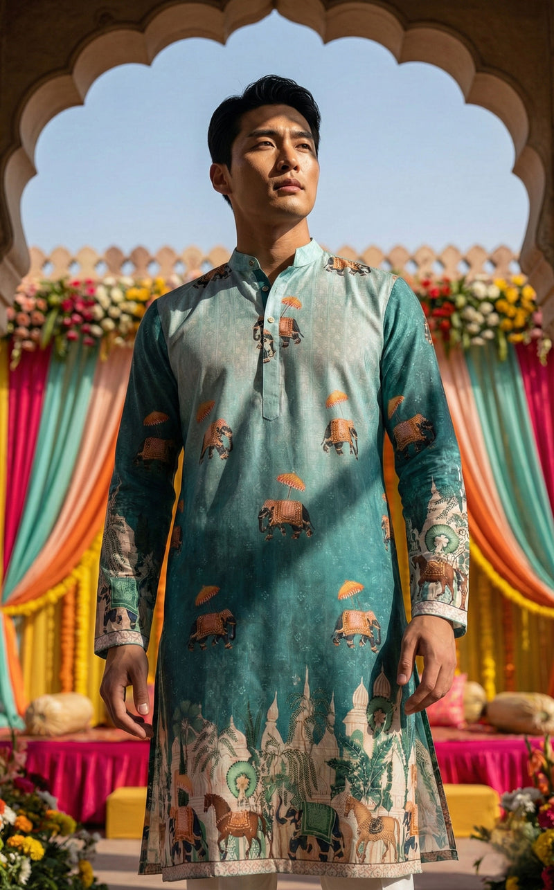 Men’s Blue Elephant Motif Printed Kurta 3