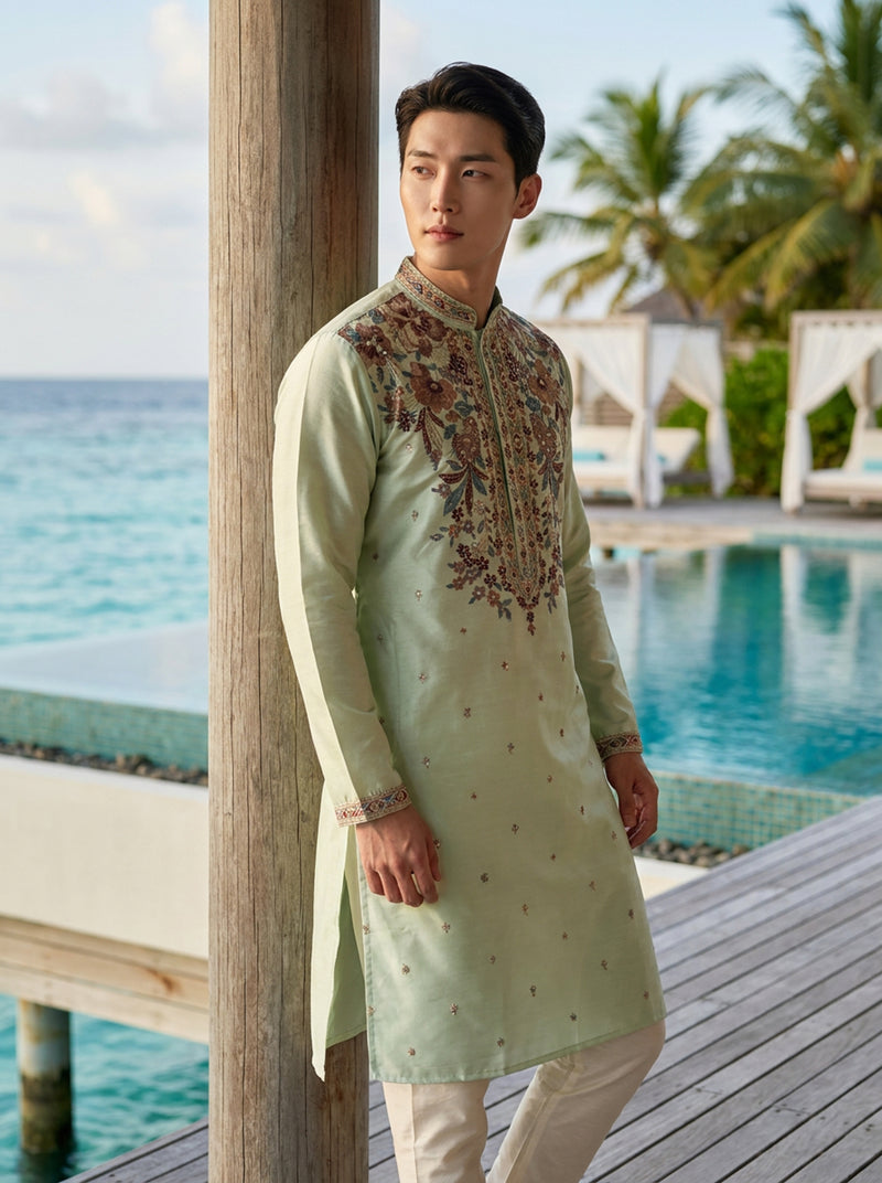 Men's Mint Green Art Silk Embroidered Festive Kurta 4