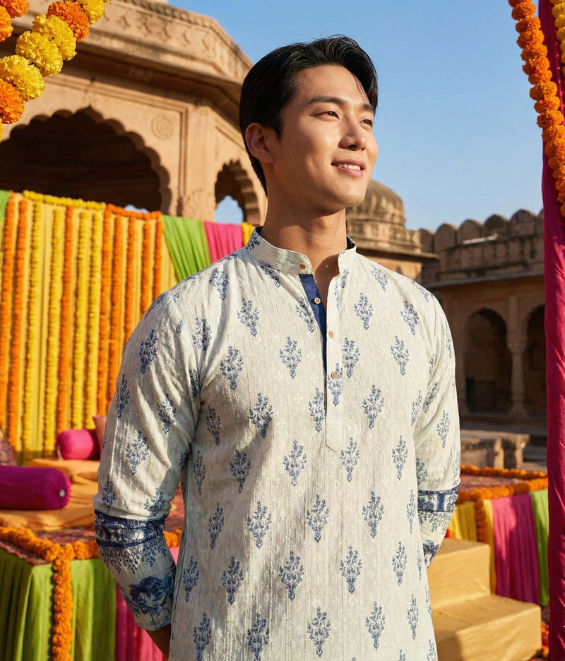 Men’s Cream & Blue Ethnic Motif Printed Kurta 7