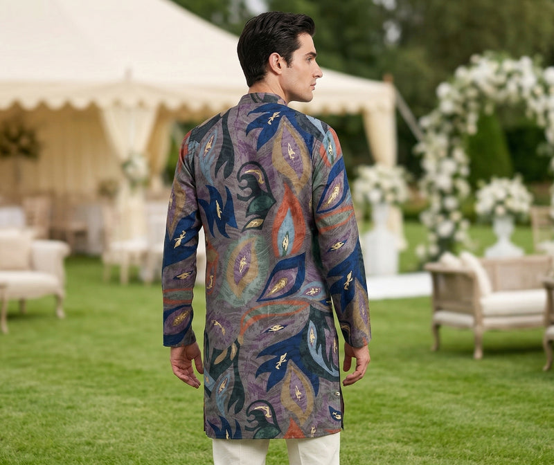 Men’s Grey Abstract Leaf Printed Kurta 4