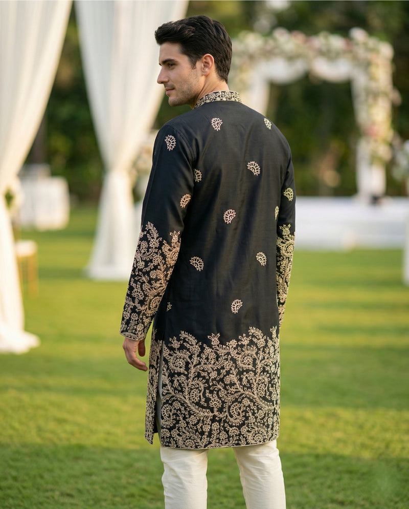 Men Black Embroidered Ethnic Kurta with Gold Detailing 5