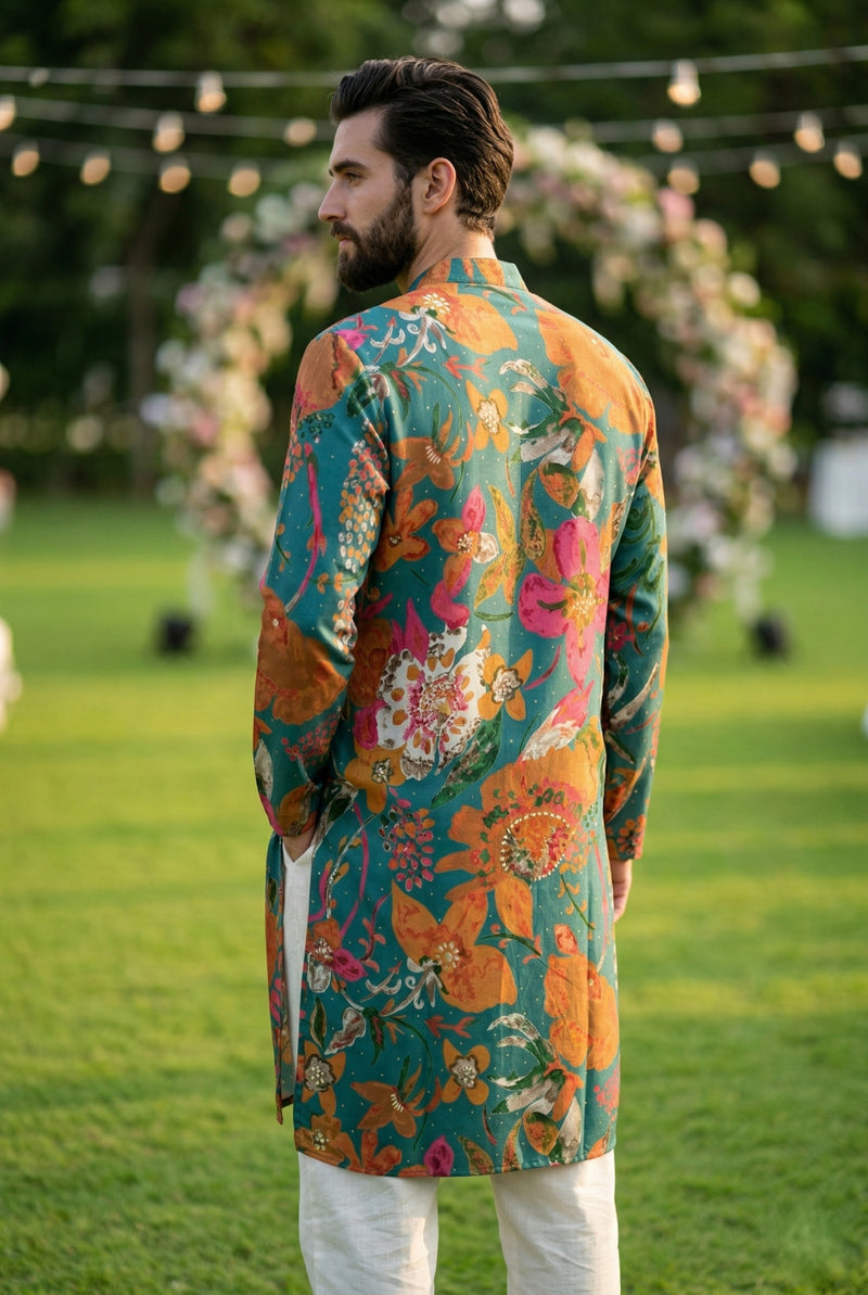 Men Teal Green Floral Printed Kurta 8