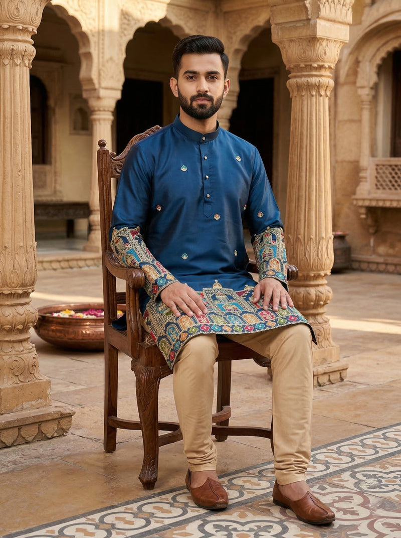 Men Blue Kurta for Festive & Wedding Wear with Ethnic Border 4