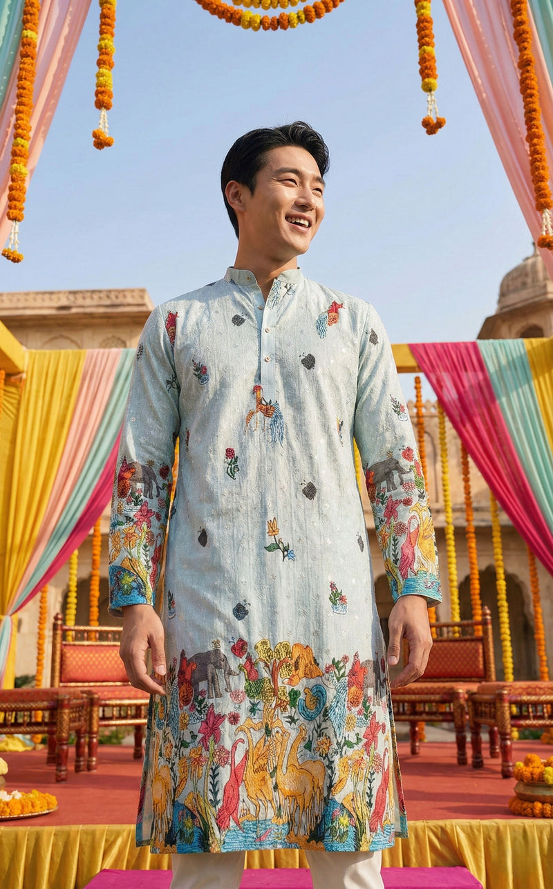 Men’s Pastel Blue Animal & Floral Printed Kurta 8