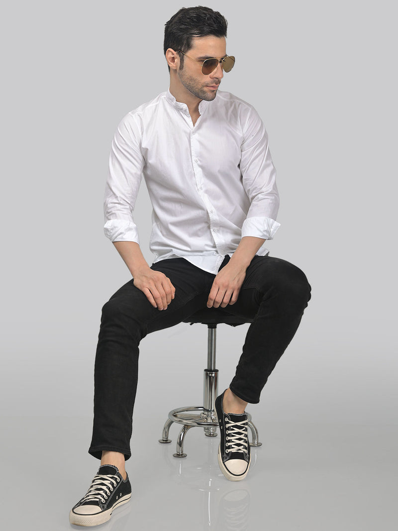 White Mandarin Collar Cotton Shirt for Men 4