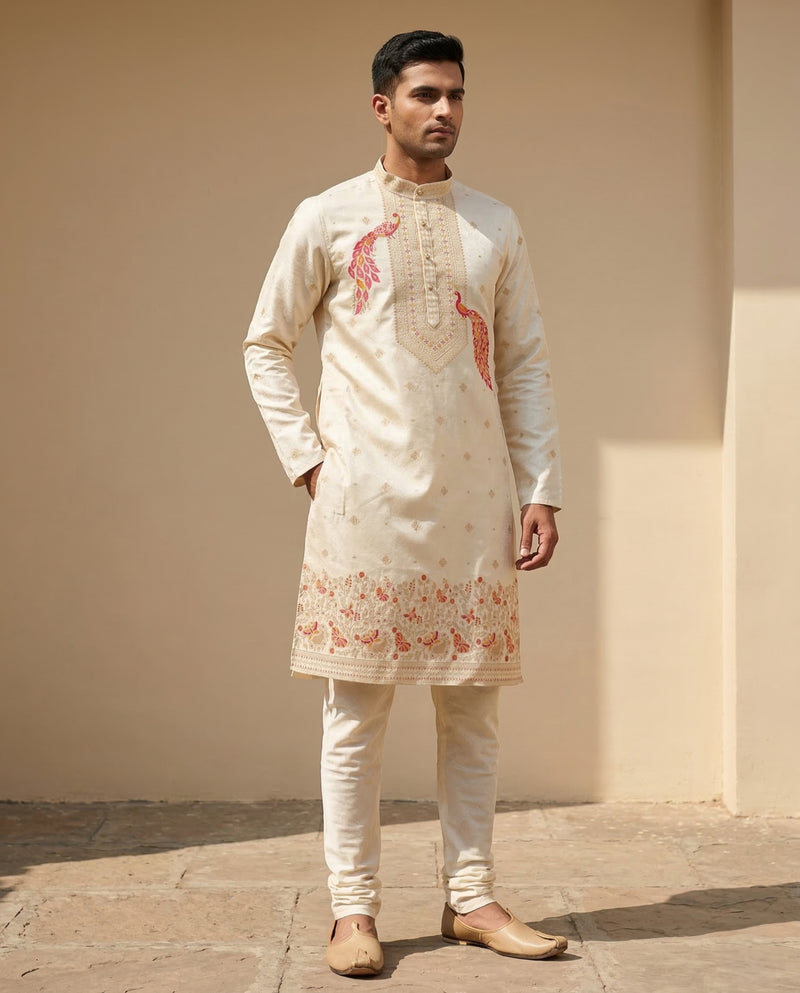 Men Cream Peacock Embroidered Ethnic Kurta with Floral Border 1