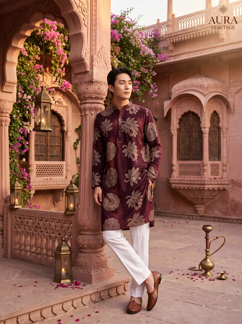 Men's Wine Maroon Beige Botanical Print Viscose Rayon Blend Kurta 6