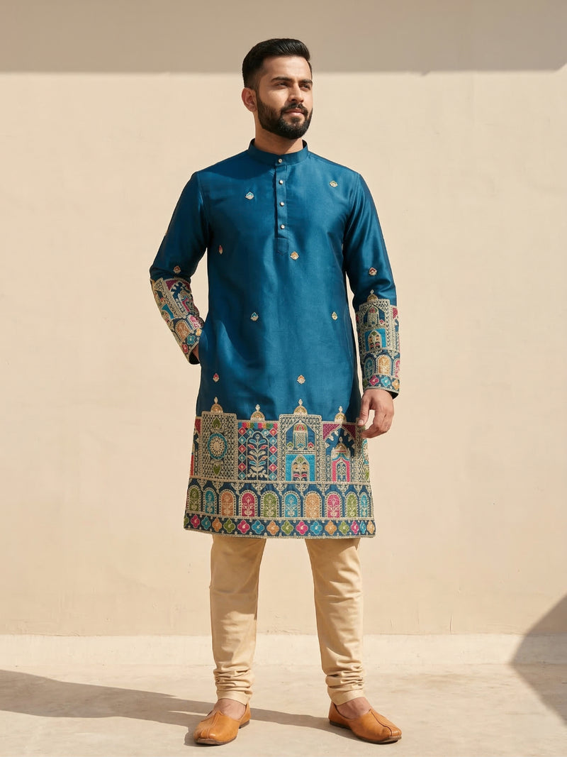Men Blue Kurta for Festive & Wedding Wear with Ethnic Border 5