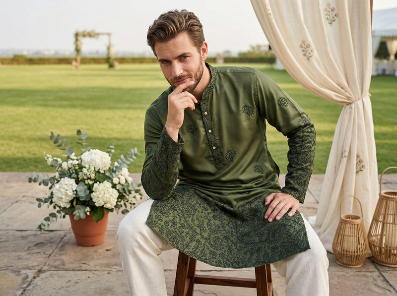 Men Olive Green Embroidered Ethnic Kurta 2