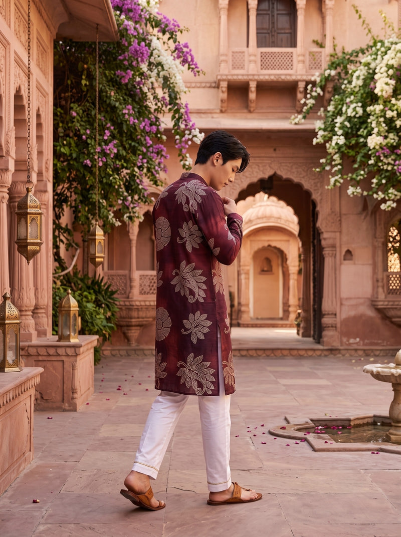Men's Wine Maroon Beige Botanical Print Viscose Rayon Blend Kurta 7