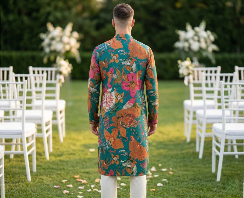 Men Teal Green Floral Printed Kurta 4