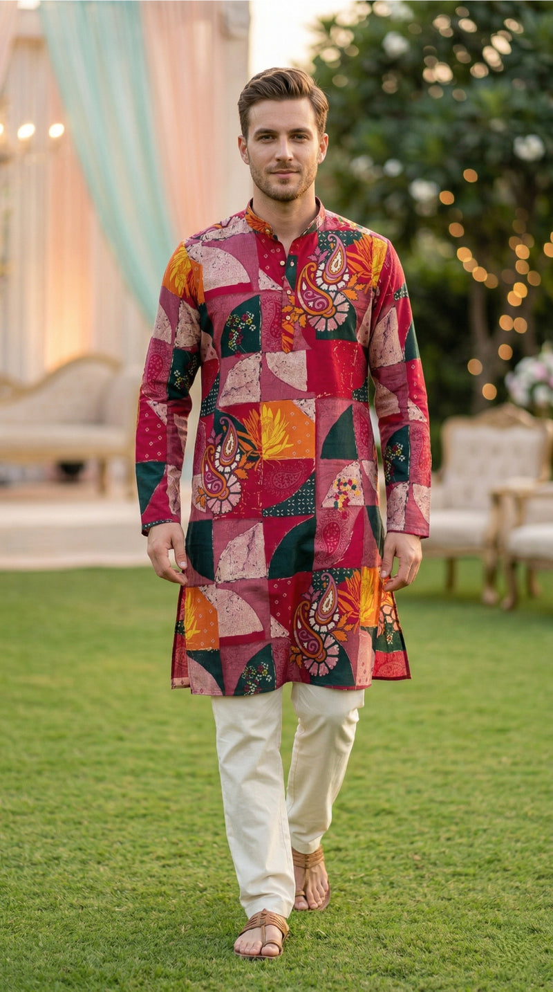 Men’s Maroon Patchwork Printed Kurta 4