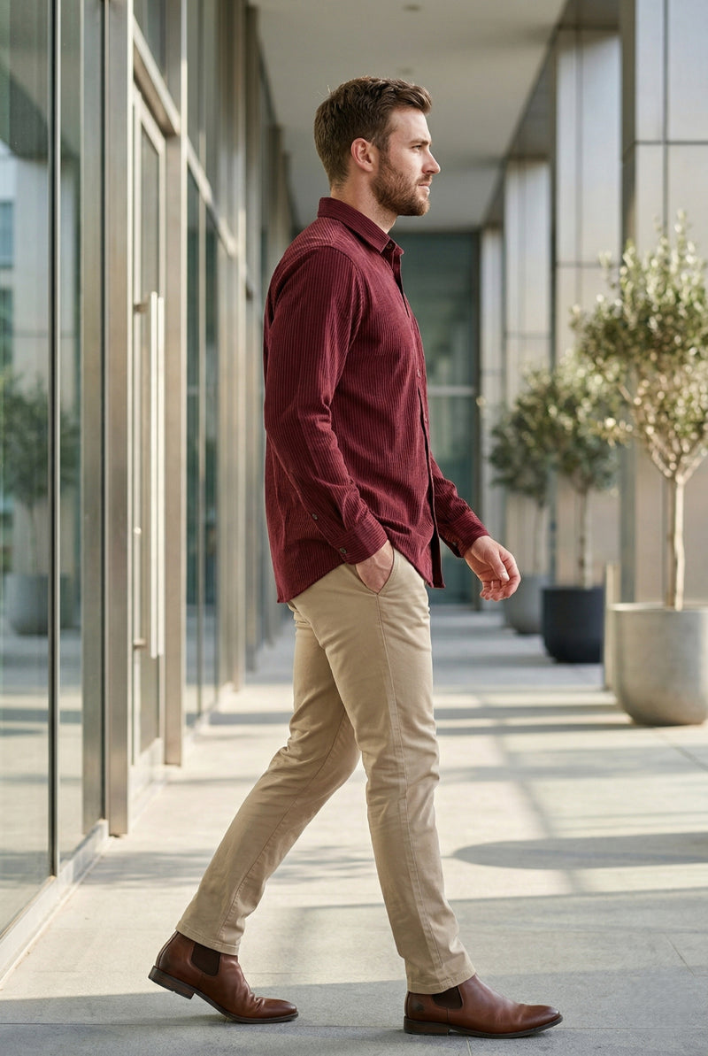 Men Burgundy Textured Striped Slim Fit Casual Shirt 7