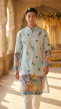 Men’s Pastel Blue Animal & Floral Printed Kurta