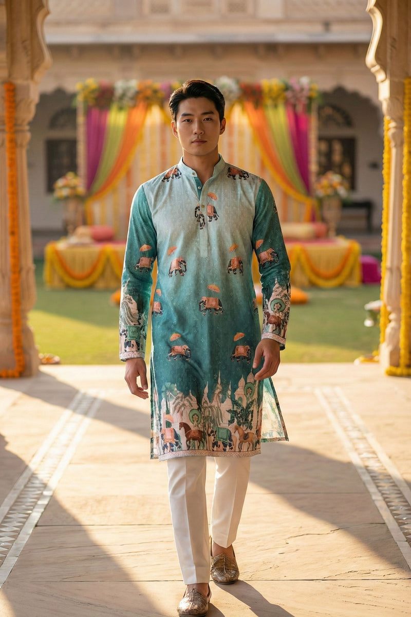 Men’s Blue Elephant Motif Printed Kurta 7