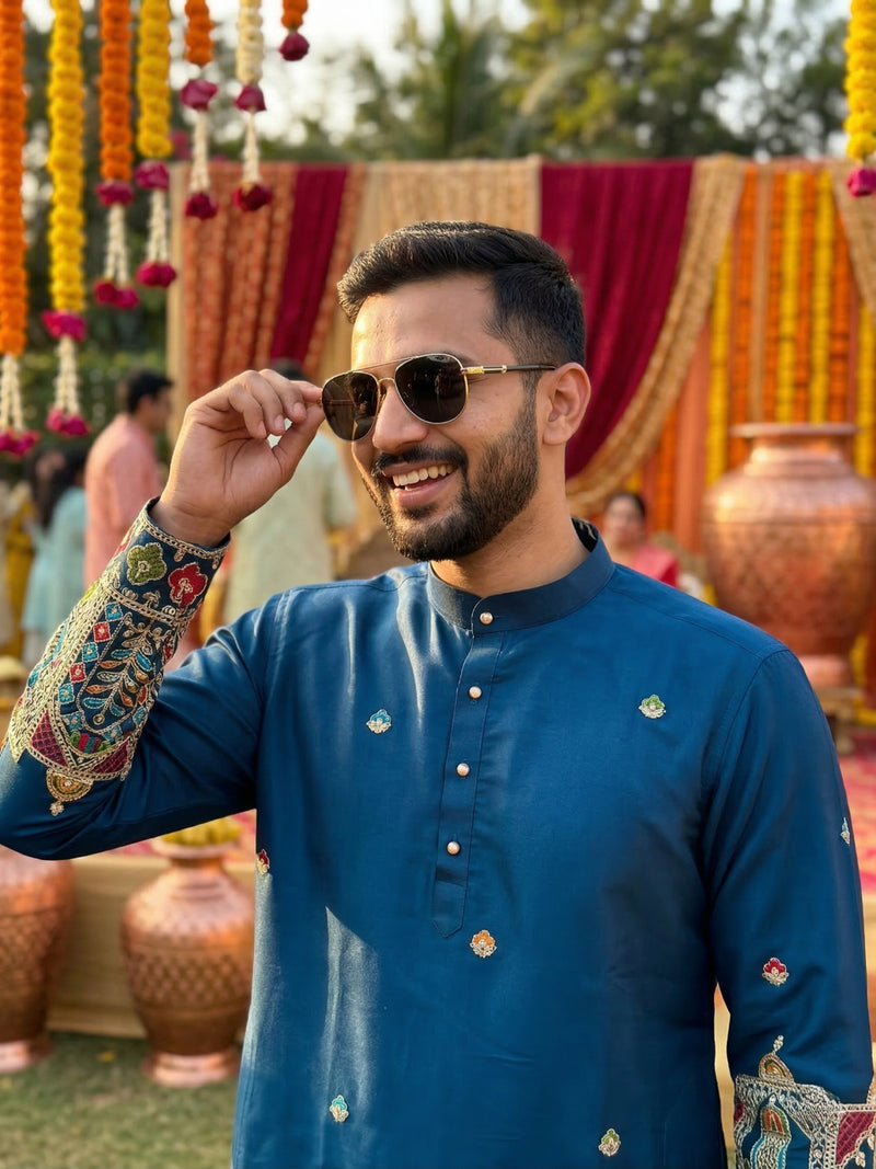 Men Blue Kurta for Festive & Wedding Wear with Ethnic Border 6