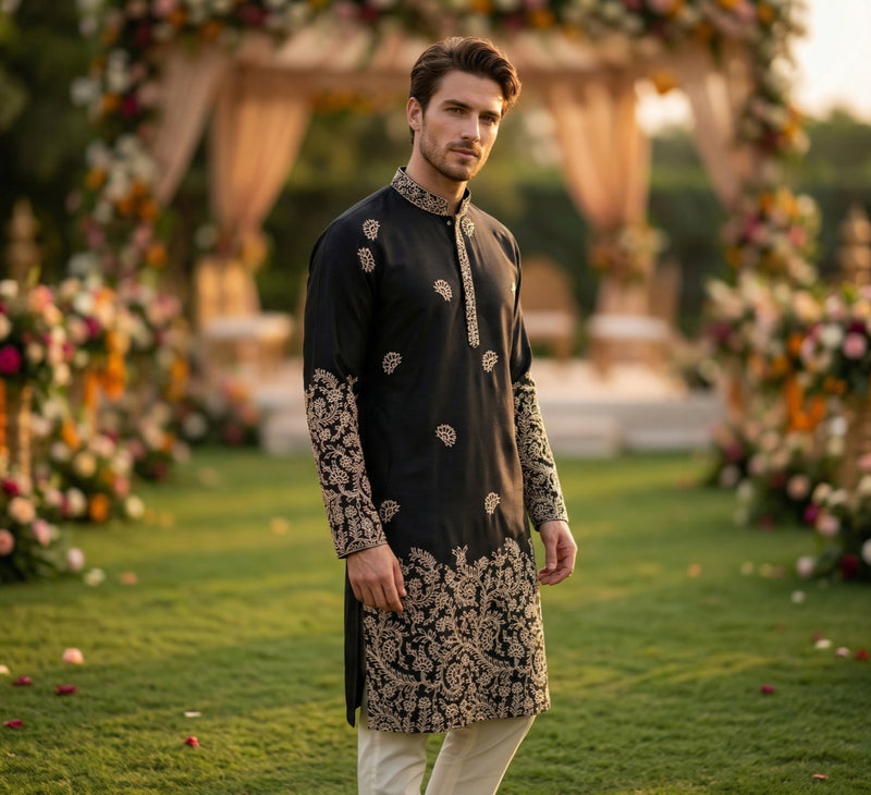 Men Black Embroidered Ethnic Kurta with Gold Detailing 8