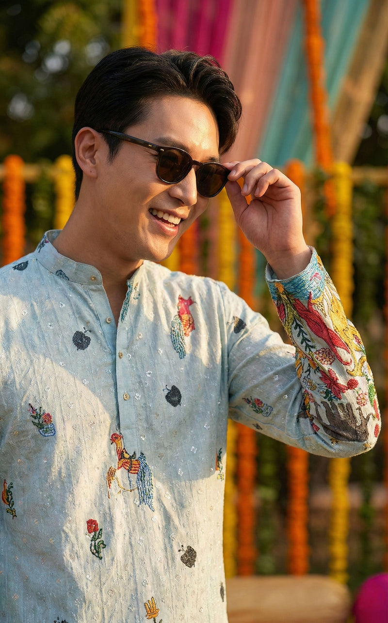 Men’s Pastel Blue Animal & Floral Printed Kurta 5