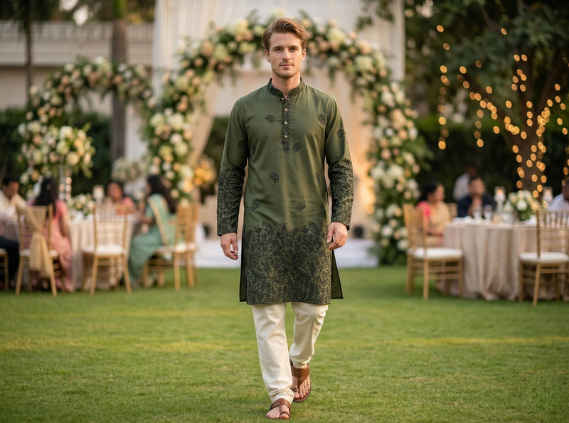 Men Olive Green Embroidered Ethnic Kurta 3