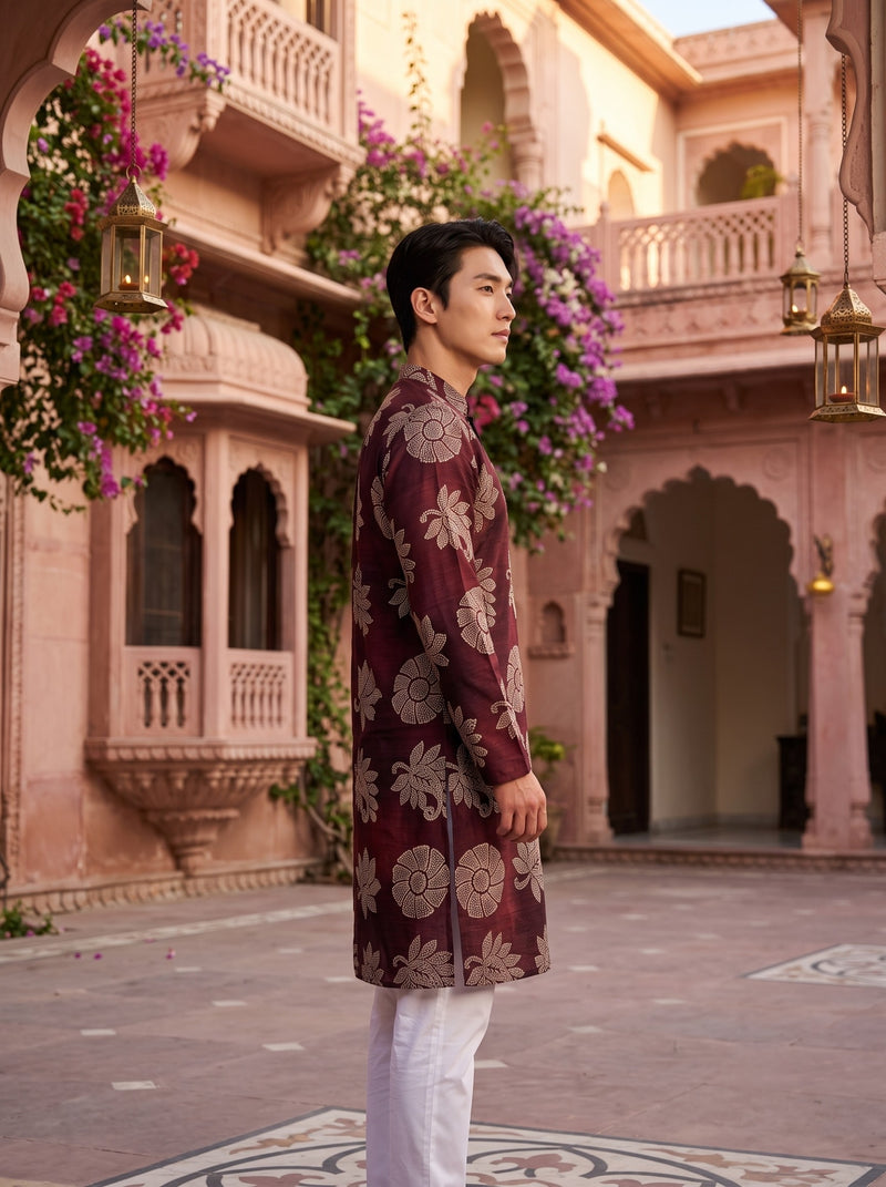 Men's Wine Maroon Beige Botanical Print Viscose Rayon Blend Kurta 9