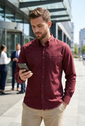 Men Burgundy Textured Striped Slim Fit Casual Shirt