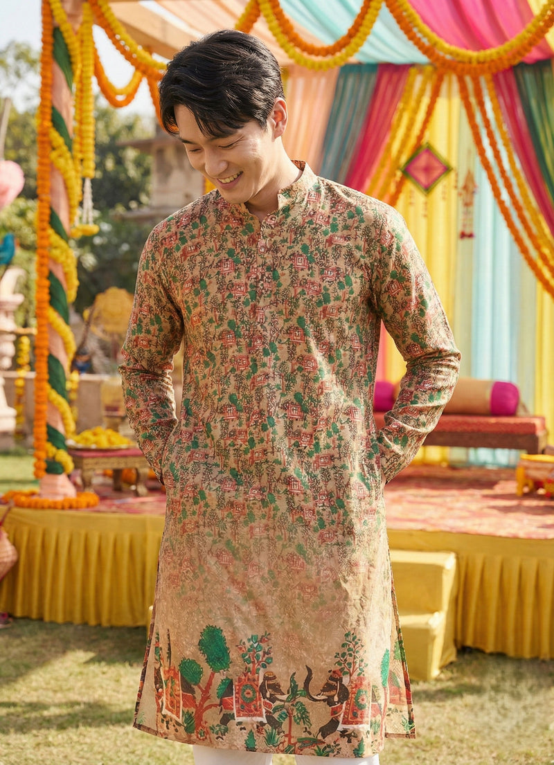 Men’s Beige Village Motif Printed Kurta 6