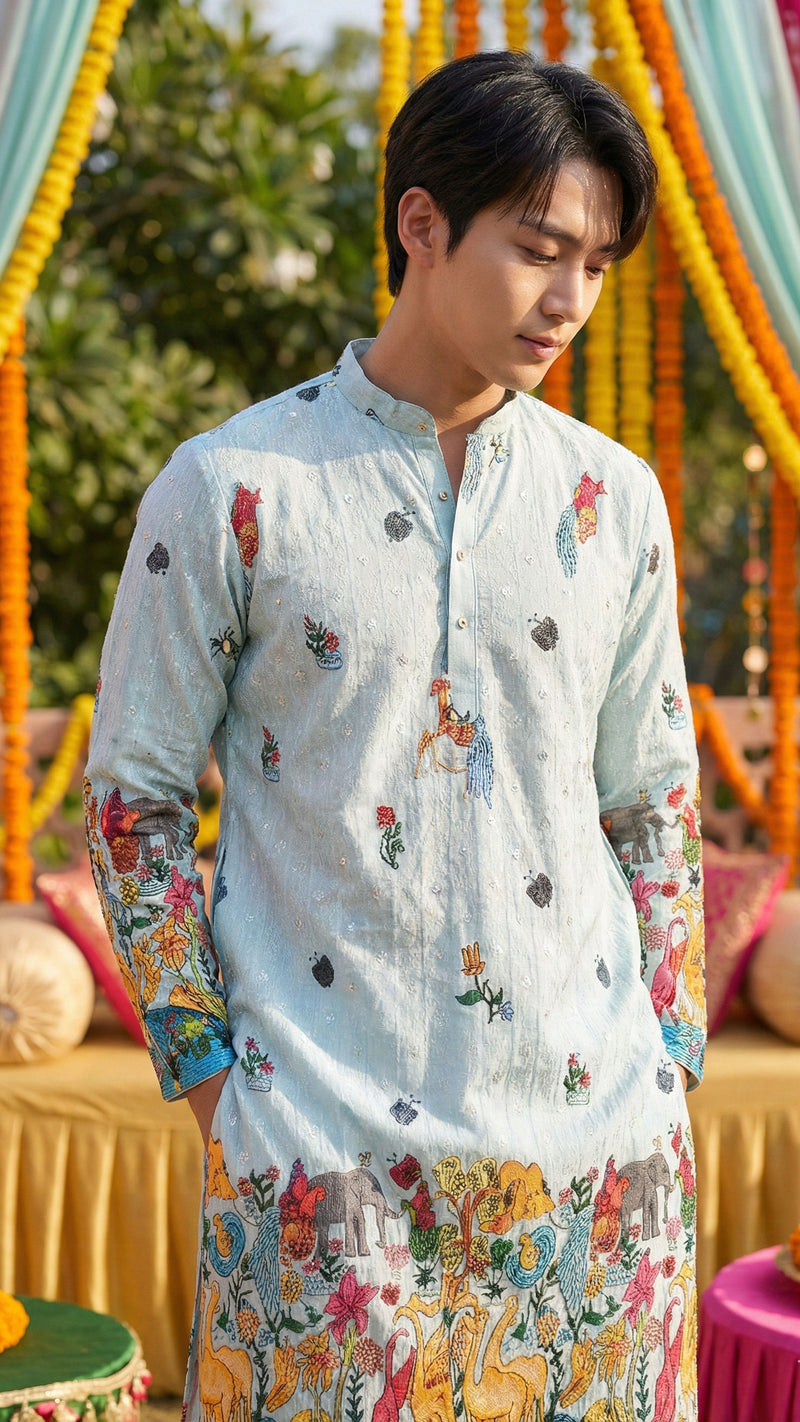 Men’s Pastel Blue Animal & Floral Printed Kurta 9