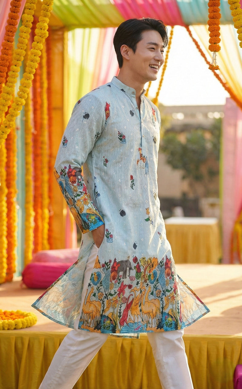 Men’s Pastel Blue Animal & Floral Printed Kurta 6