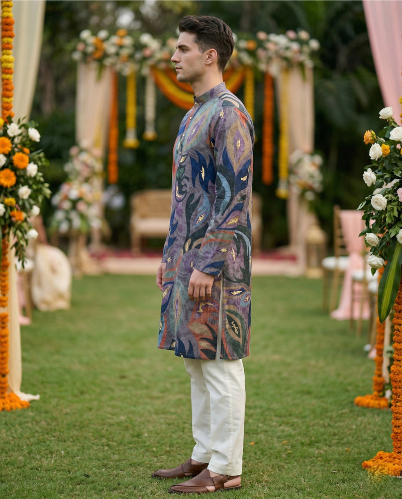 Men’s Grey Abstract Leaf Printed Kurta 5