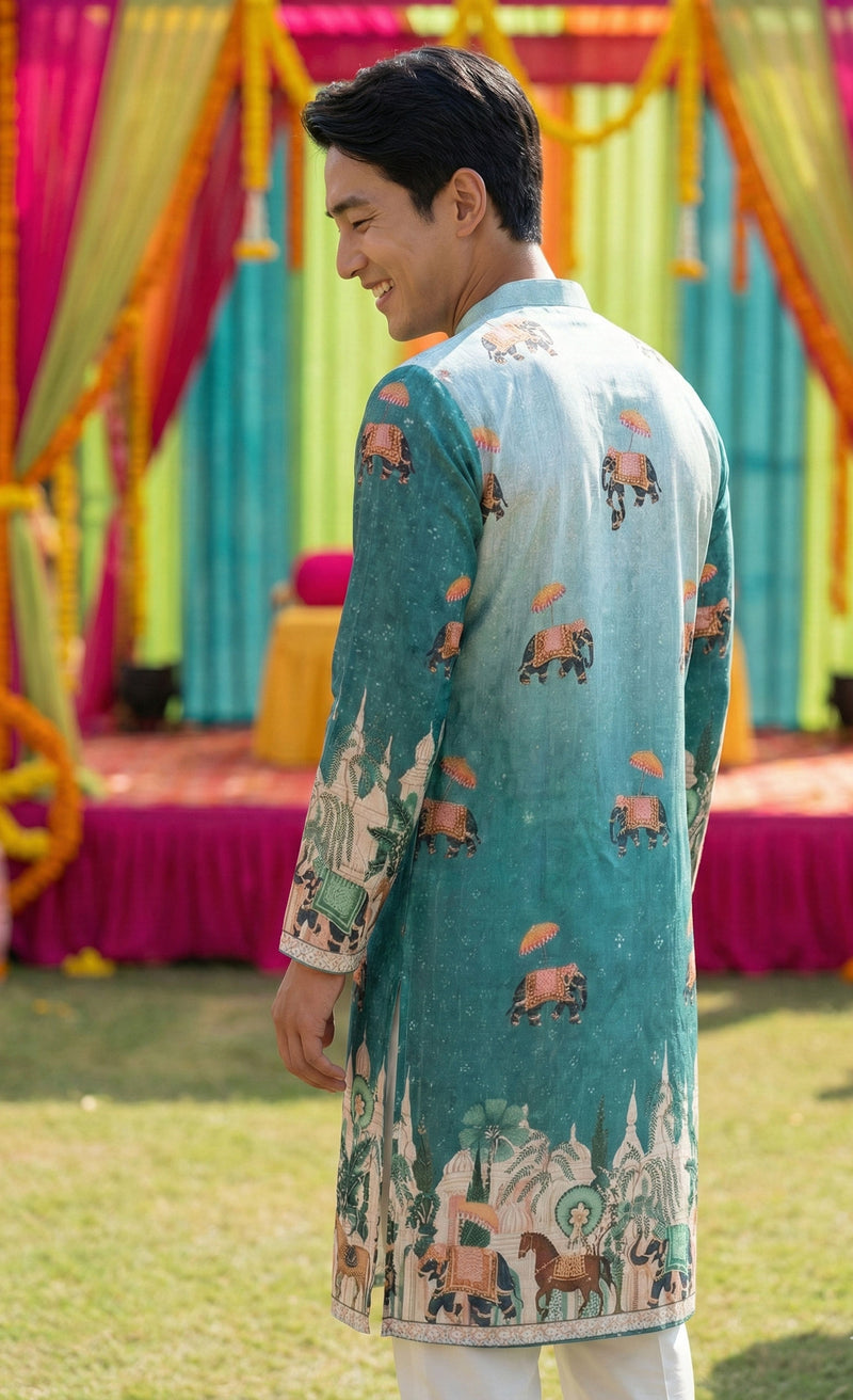 Men’s Blue Elephant Motif Printed Kurta 6