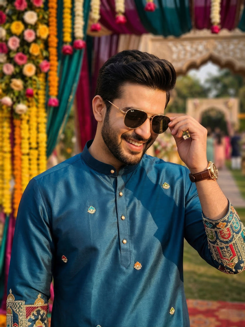 Men Blue Kurta for Festive & Wedding Wear with Ethnic Border 9