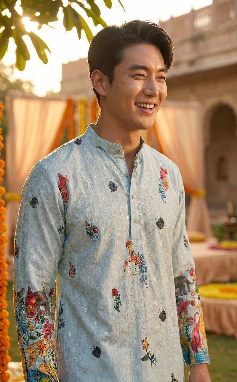 Men’s Pastel Blue Animal & Floral Printed Kurta 3