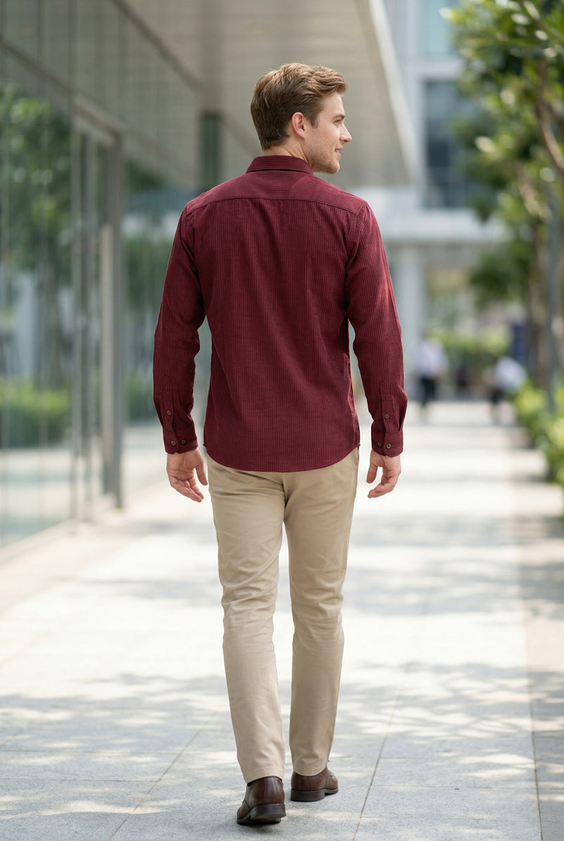 Men Burgundy Textured Striped Slim Fit Casual Shirt 9