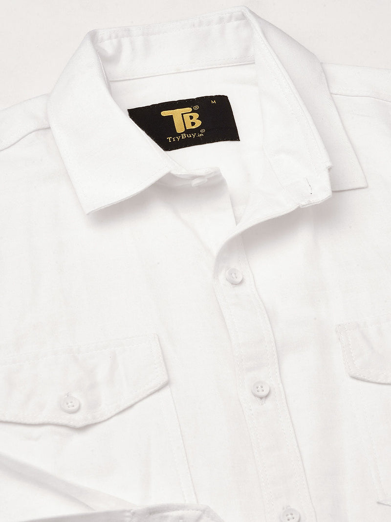 Solid White Cotton Linen Double Pocket Shirts for Men 8