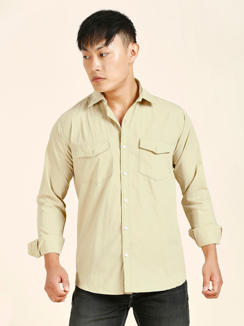 Cream Solid Double Pocket Men's Shirt 6