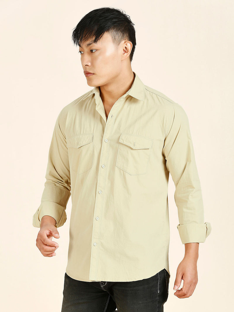 Cream Solid Double Pocket Men's Shirt 7