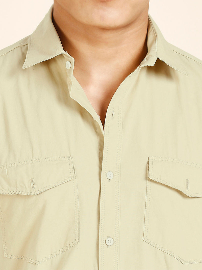 Cream Solid Double Pocket Men's Shirt 5